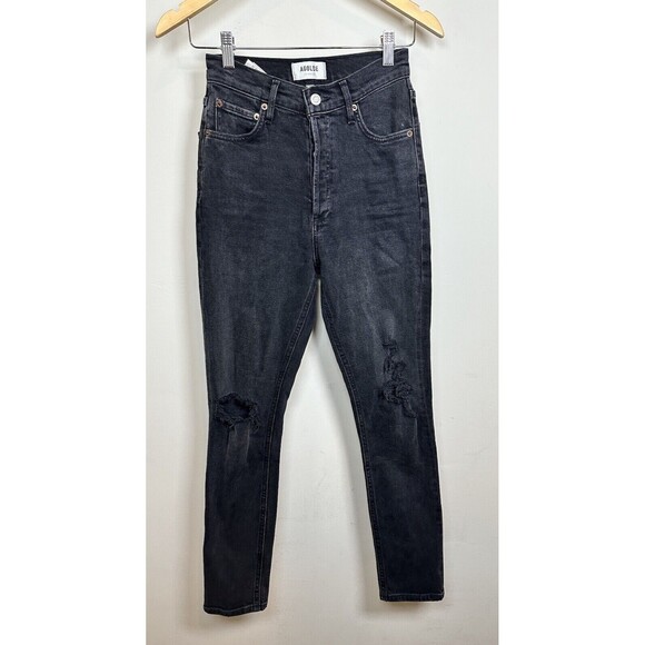 Agolde Nico High Rise Slim Straight Denim Jeans Distressed Cassette Black Sz 25 - Picture 2 of 10